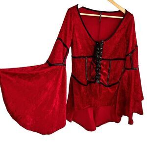 Lip Service Velvet Top Size XL Red Bell Sleeves Lace Up Hi Lo Vamp Goth Vintage